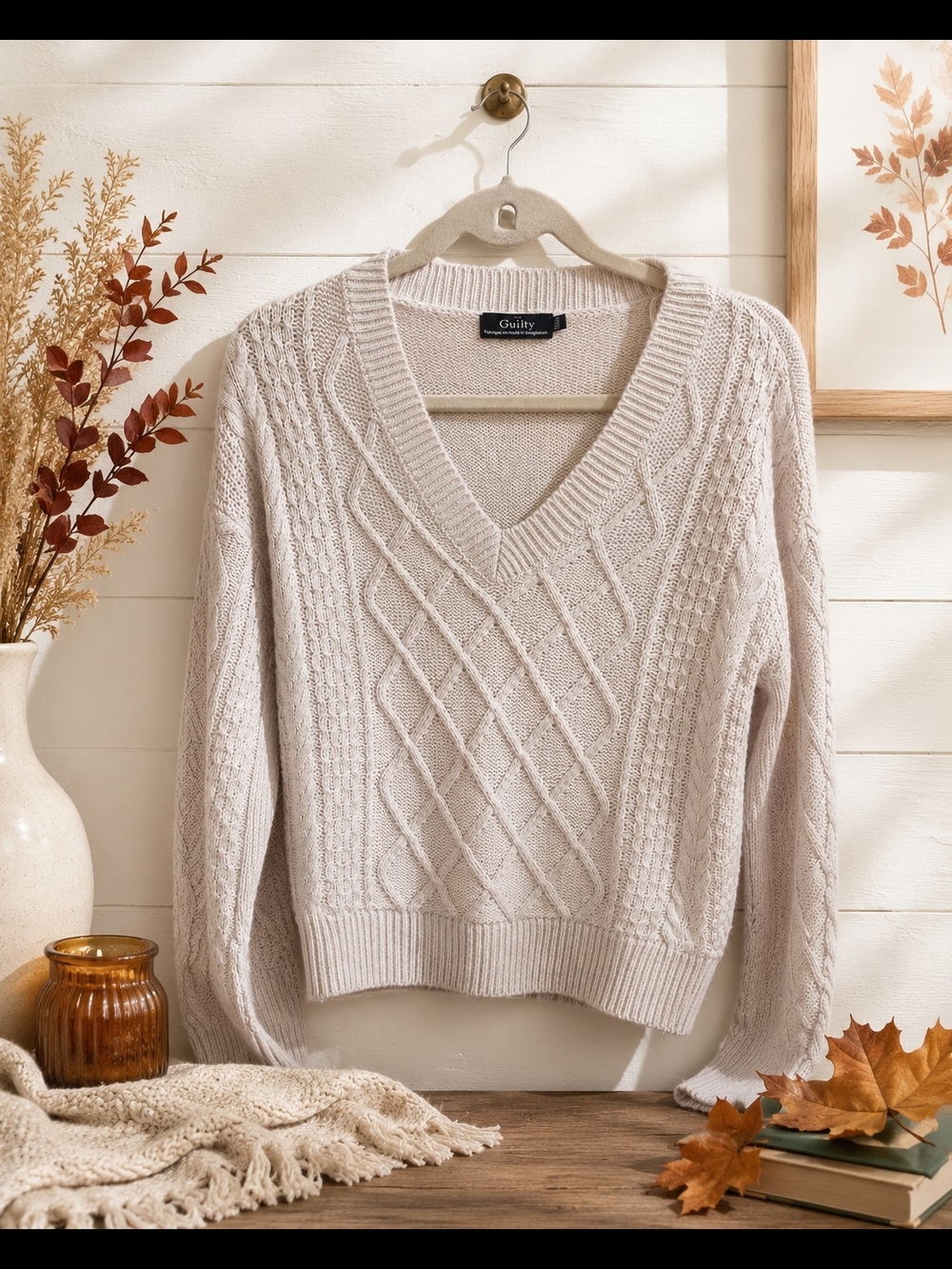 Guilty Cable Knit V Neck Sweater Cream Fisherman Preppy Size M